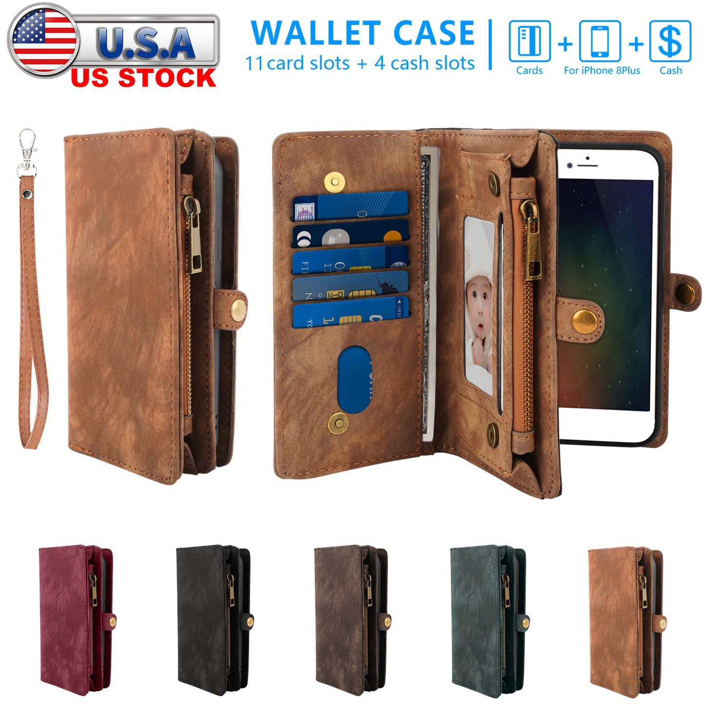 LJGelectro - Phone Wallet Case For iPhone 8 Plus Portable Wallet Case 2 in 1 Leather Zipper Magnetic Detachable 15 Card Slots Money Pocket Clutch Cover W/ID Widows