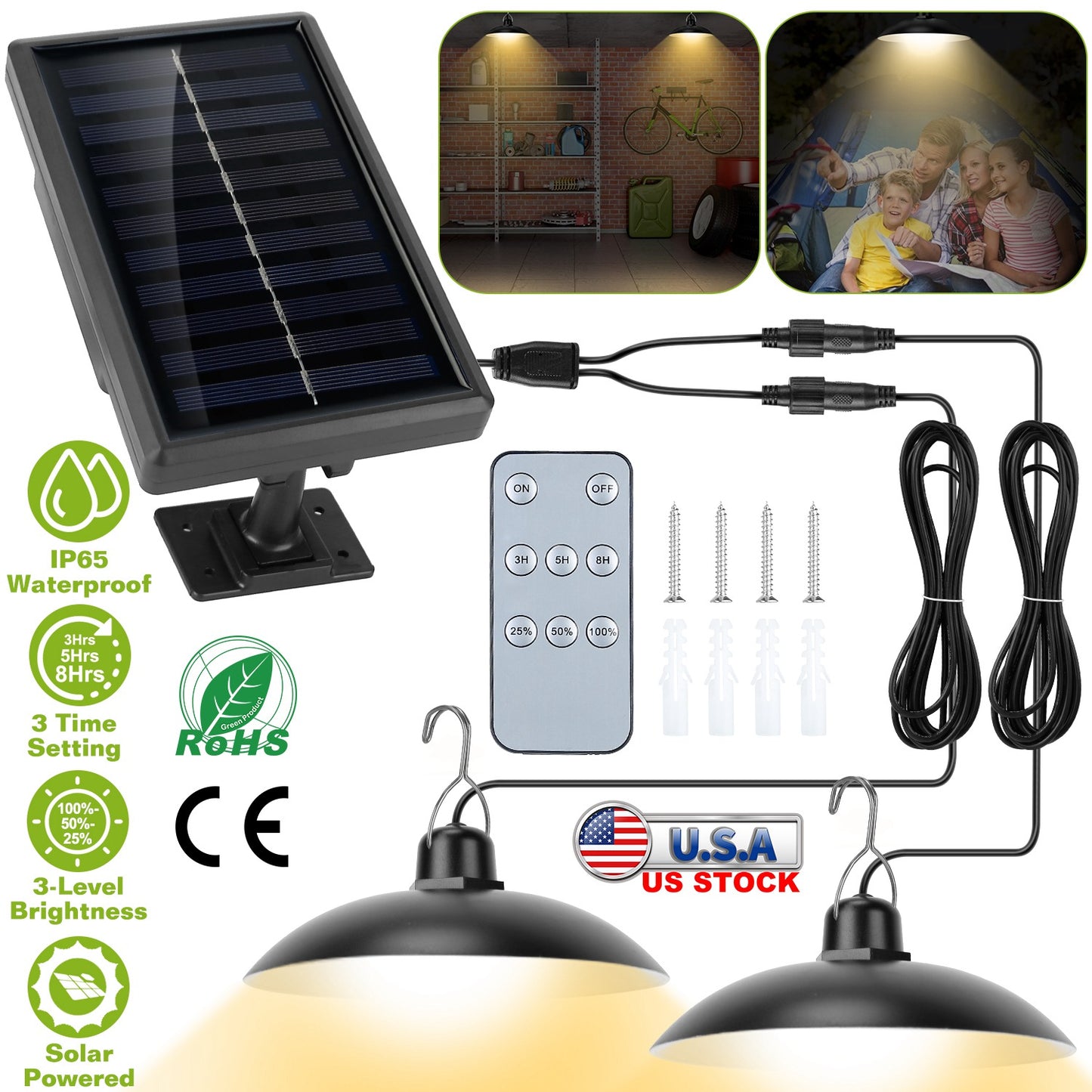 LJGelectro - Solar Shed Lights Dual Lighting Heads Dimmable Timing Auto Sensor Turn Off Hanging Lamp IP65 Waterproof Remote Control Pendant Light For Garden Patio