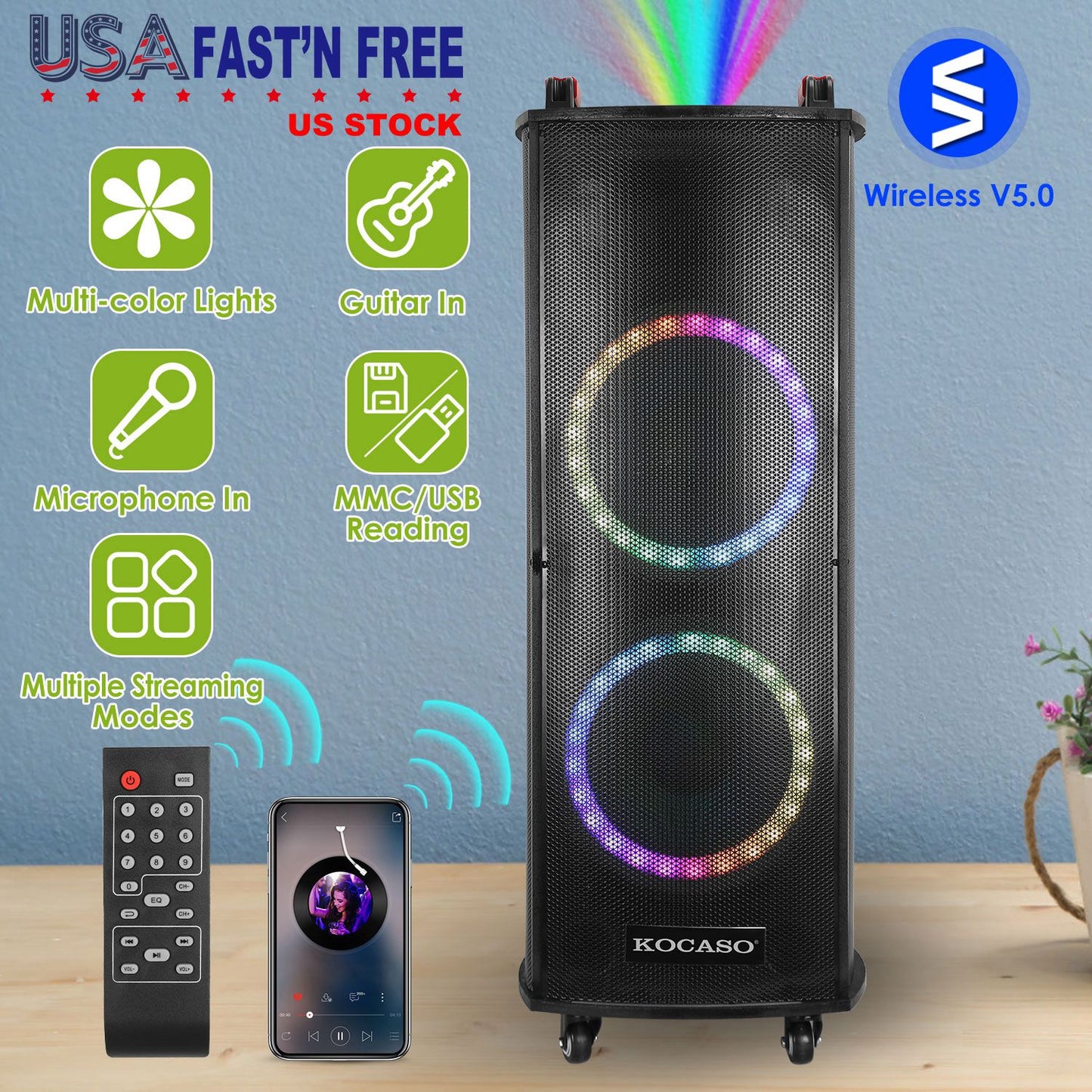 LJGelectro - Portable Wireless Party Speaker Colorful Lights DJ PA System with TWS Function FM Radio USB MMC Card Reading Aux In Guitar Input Recording Function Mi