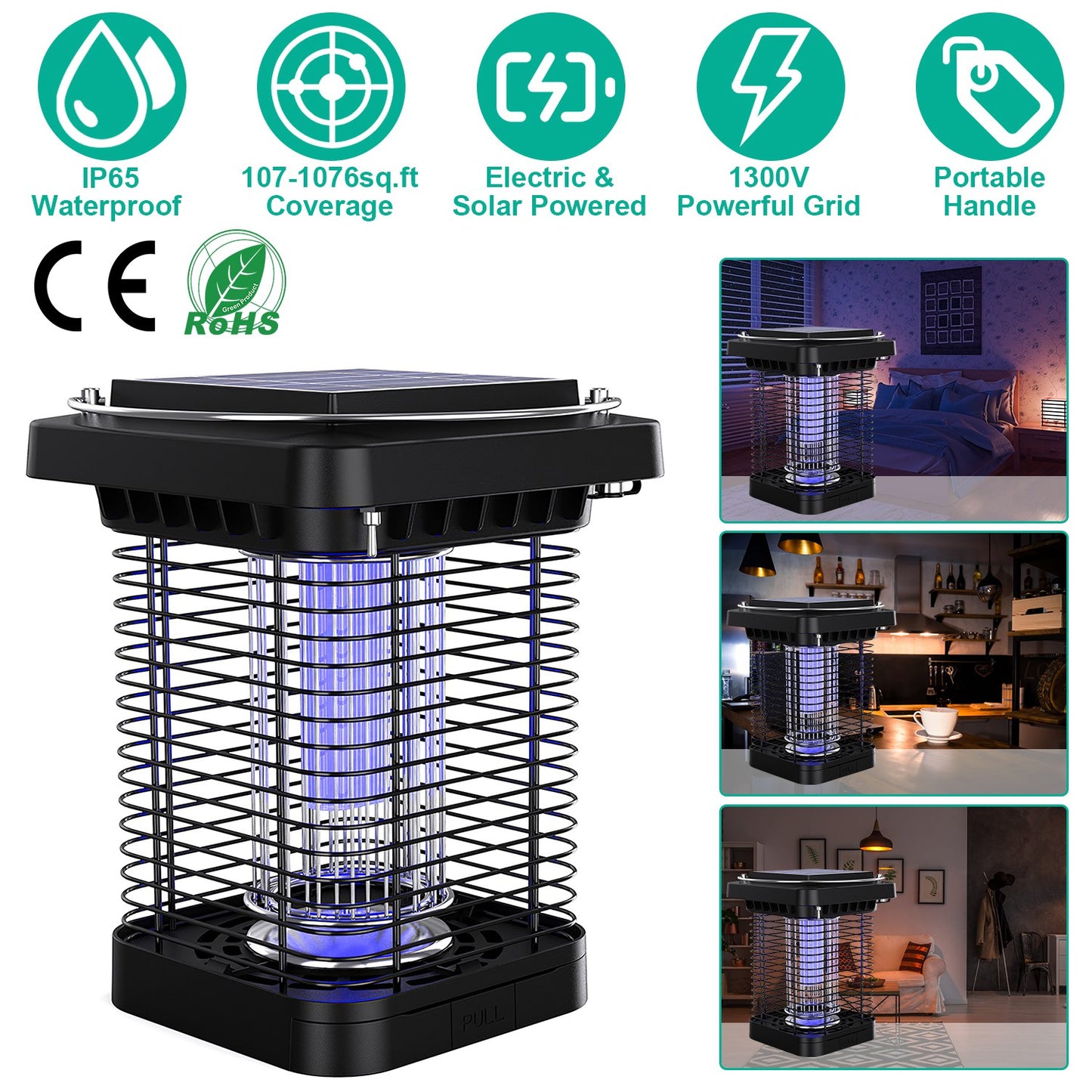 LJGelectro - Electric Solar Powered Bug Zapper 1076Sq.Feet Range Mosquito Killer Lamp IP65 Waterproof Insect Fly Trap Catcher for Indoor Outdoor