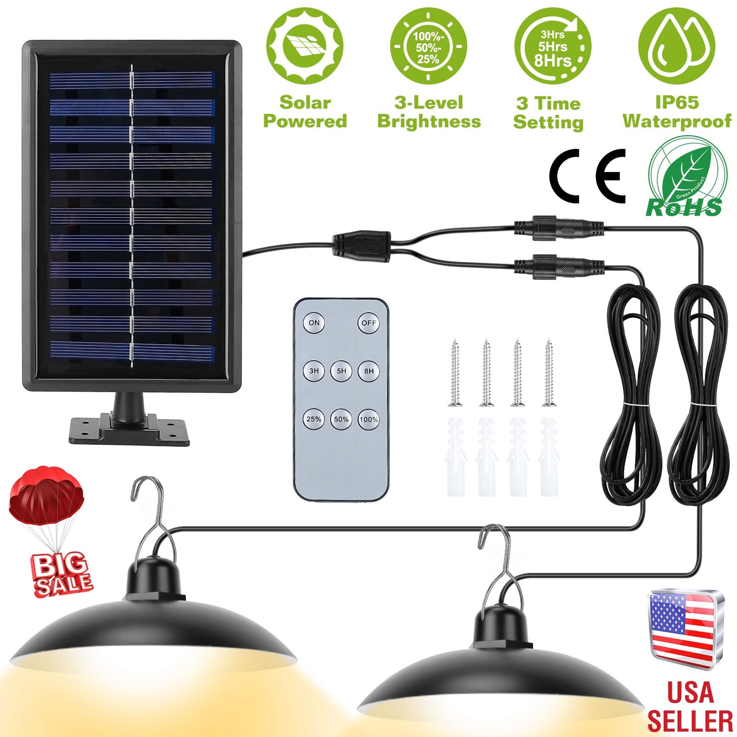 LJGelectro - Solar Shed Lights Dual Lighting Heads Dimmable Timing Auto Sensor Turn Off Hanging Lamp IP65 Waterproof Remote Control Pendant Light For Garden Patio