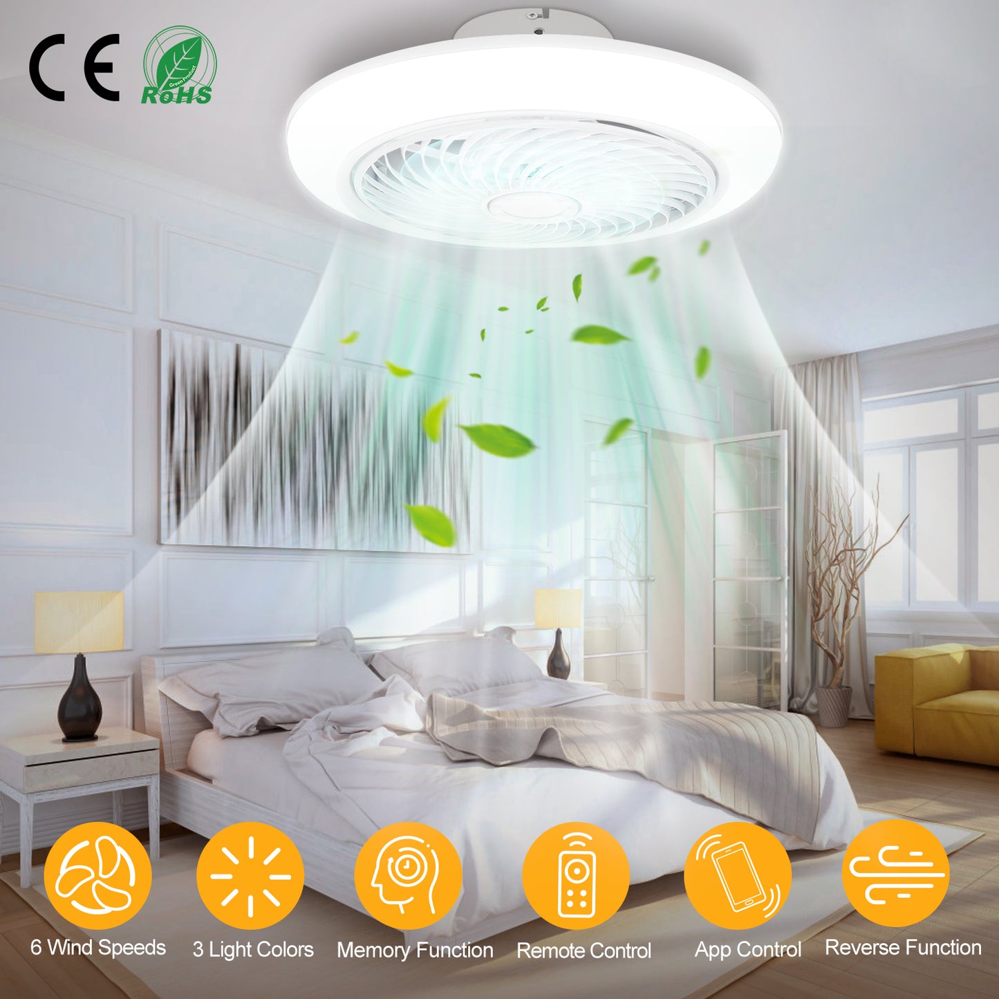 LJGelectro - 17.71in LED Ceiling Fan with Light Round Pendant Fan Lamp Low Profile Fan Light with 6 Fan Speed 3 Colors Remote Control APP Control Timer Function