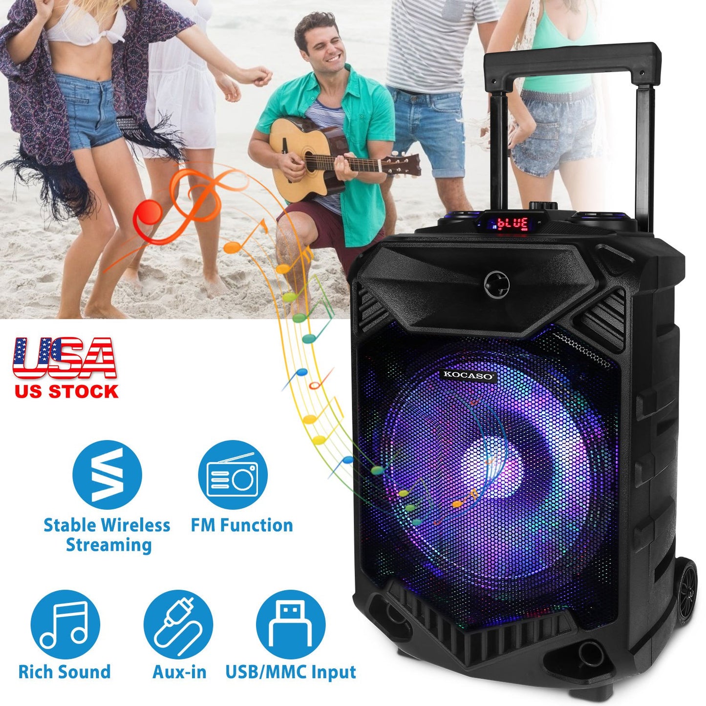 LJGelectro - Wireless Party Speaker 12in Woofer Bass Party Speaker w/ Cordless Microphone FM Radio USB Reading MMC Car Slot Aux-In Flashing LED Colorful Lights