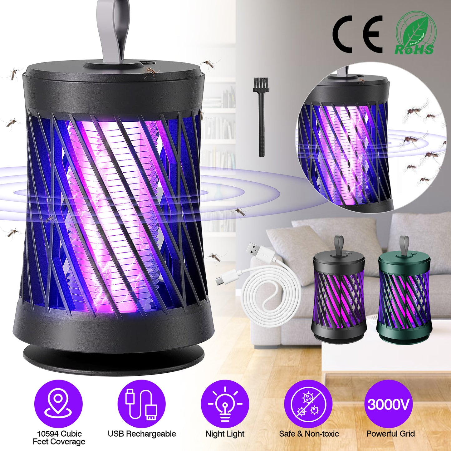 LJGelectro - Rechargeable Mosquito Killer Lamp Bug Zapper with Night Light Strap Mosquito Catcher with Max 10594 Cubic Feet Range UV Light for Indoor Outdoor