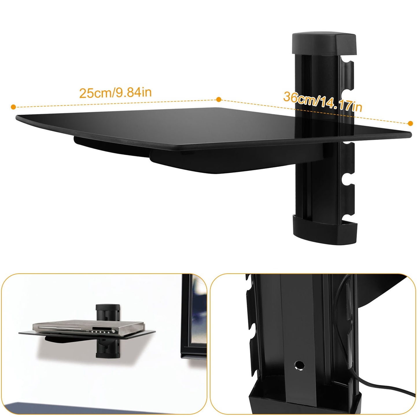 LJGelectro - Floating Wall Mounted Strengthened Tempered Glass Shelf for DVD Cable Boxes