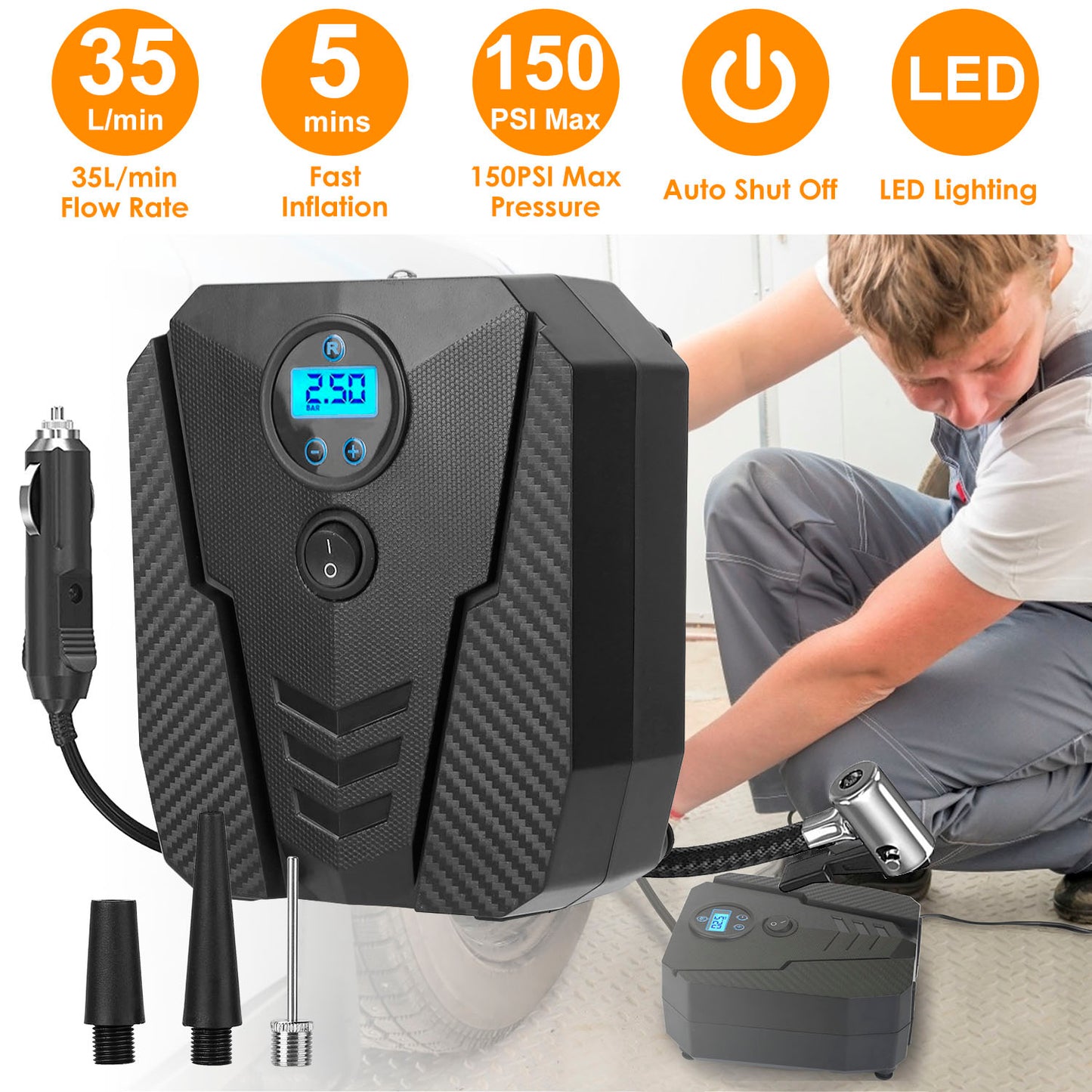 LJGelectro - Portable Car Tire Inflator DC 12V Digital Car Air Pump Compressor Electric Air Pump w/LED Light 150PSI