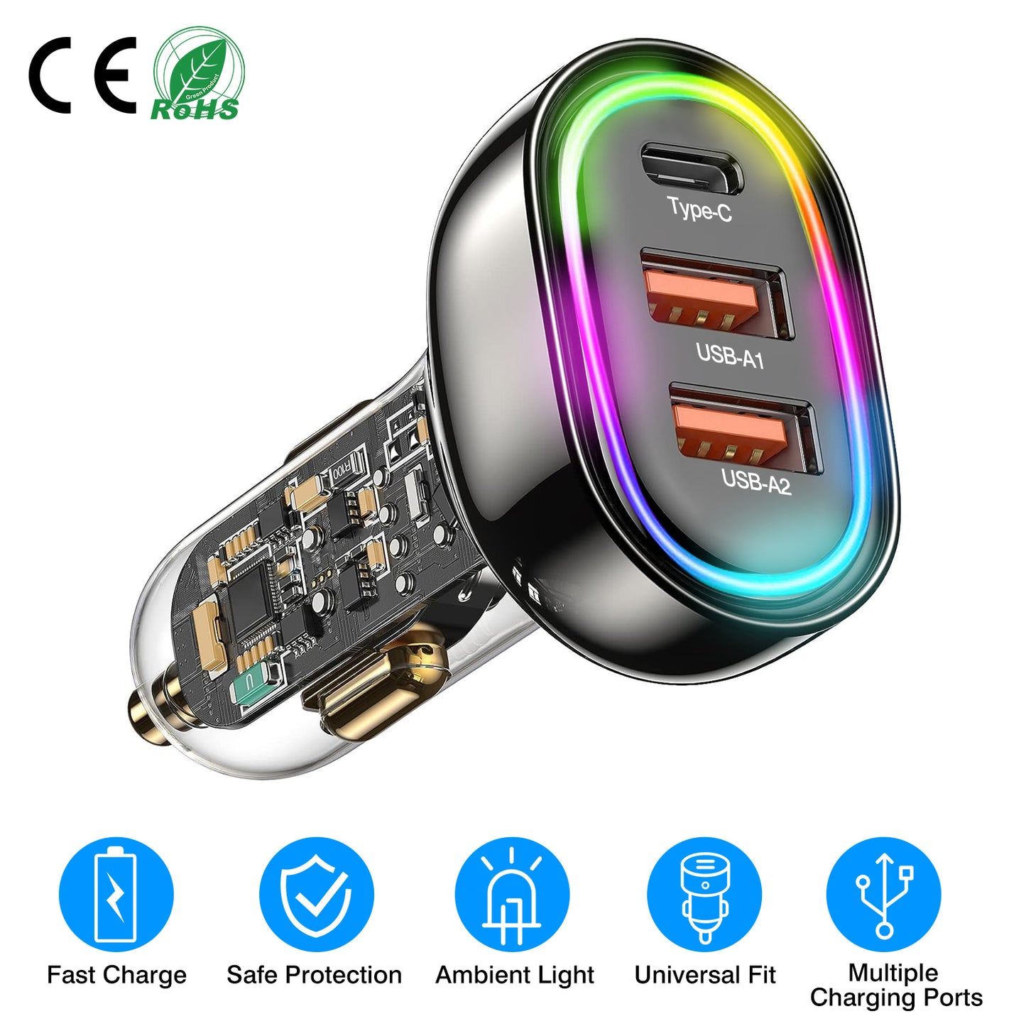 LJGelectro - 90W 3 Ports Fast Charge Car Charger QC3.0 PD3.0 USB Type-C LT Car Cigarette Lighter with Colorful Light Fit for IOS Phone iPad Samsung Goggle Pixel