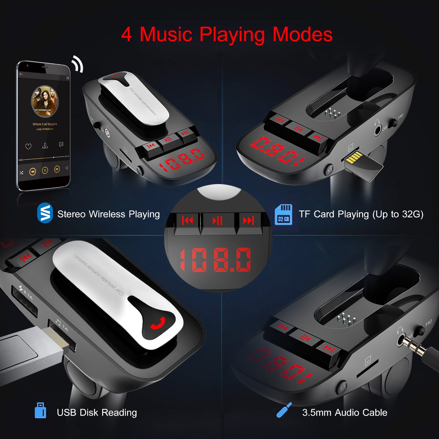 LJGelectro - Car FM Transmitter w/ Wireless Earpiece 2 USB Charge Ports Hands-free Call MP3 Player TF Card Aux-in