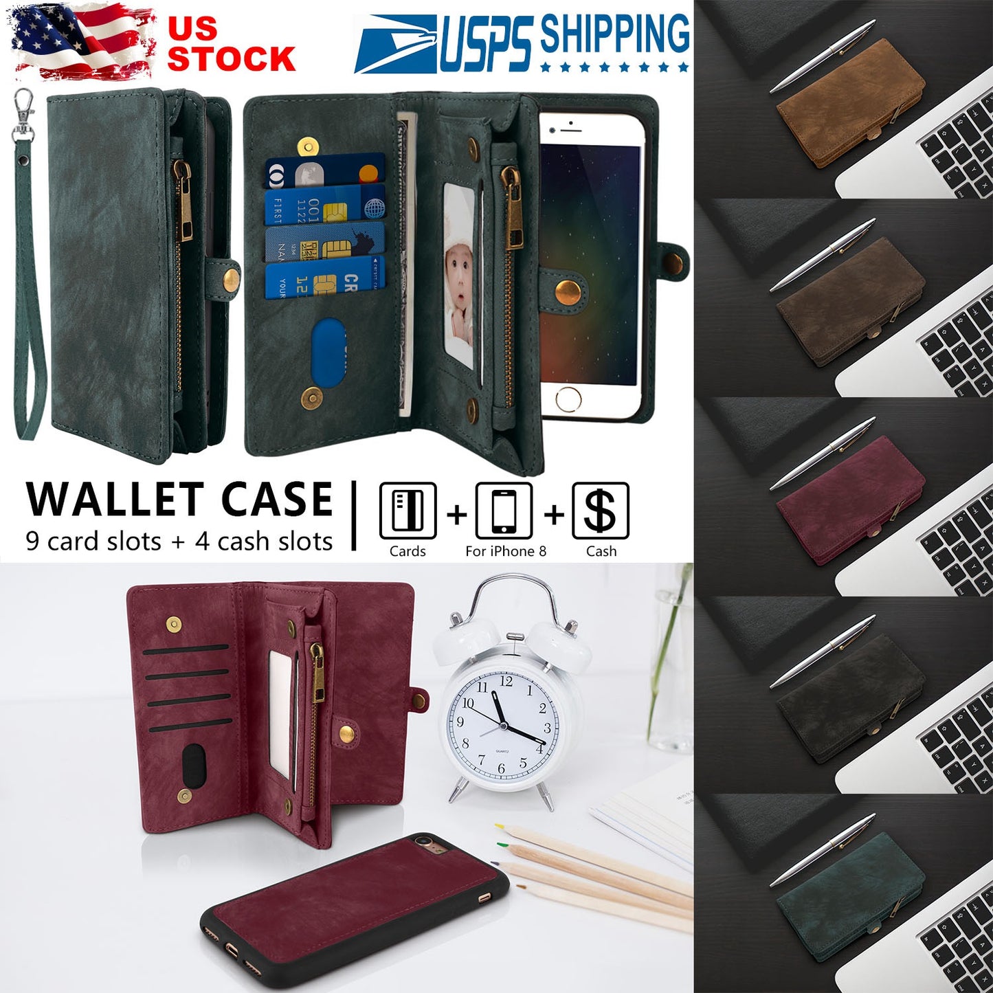 LJGelectro - Phone Wallet Case For iPhone 8 Portable Wallet Case 2 in 1 Leather Zipper Magnetic Detachable 13 Card Slots Money Pocket Clutch Cover W/ID Widows