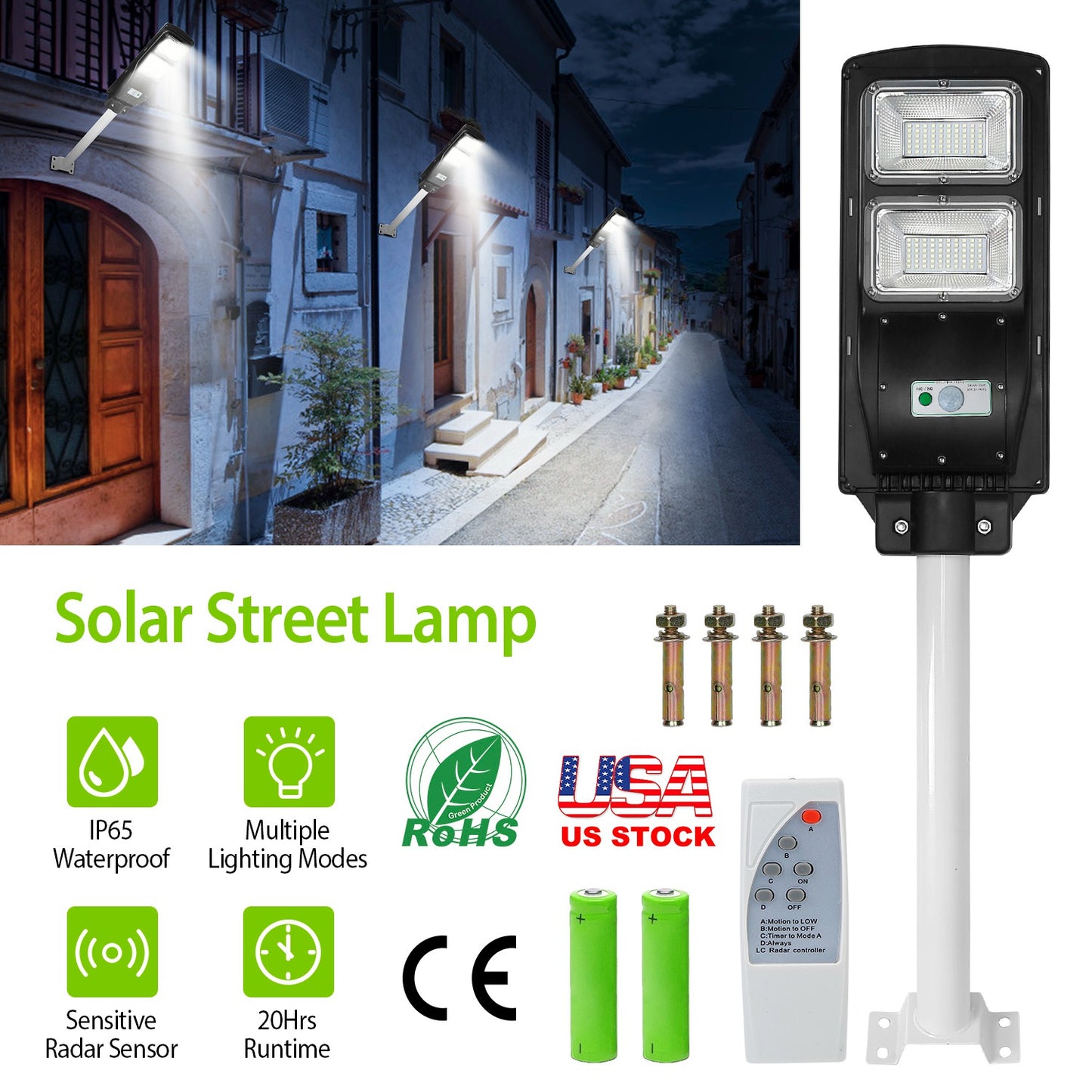 LJGelectro - Solar Street Path Light Outdoor 120LEDs Radar Sensor Remote Control Wireless Lamps IP65 Waterproof Lighting For Garage Front Door Garden Pathway