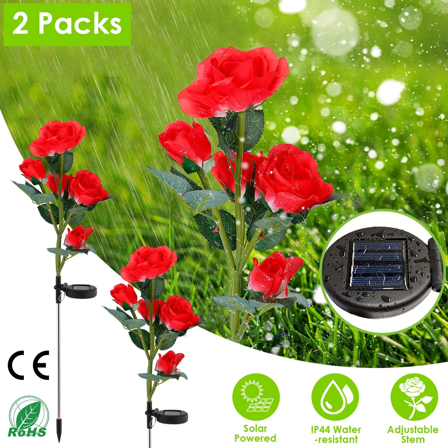 LJGelectro - 2Pcs Solar Powered Lights Outdoor Rose Flower LED Decorative Lamp Water Resistant Pathway Stake Lights For Garden Patio Yard Walkway