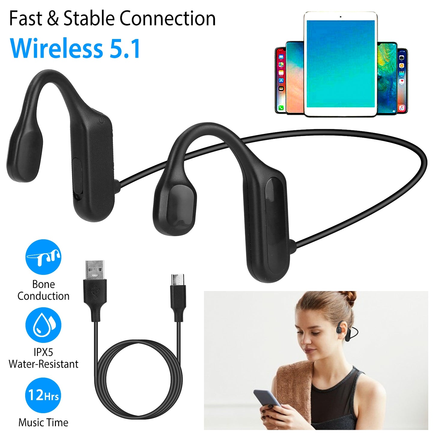 LJGelectro - V5.1 Wireless Bone Conduction Headphone Open Ear Sports Wireless Headset w/ Mic IPX5 Sweatproof