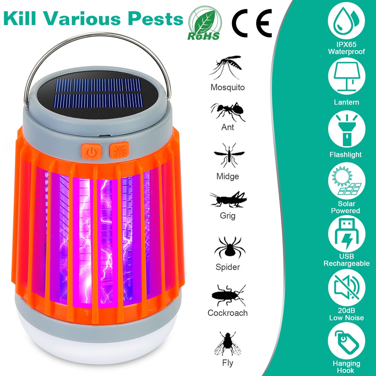 LJGelectro - Solar USB Electric Bug Zapper Mosquito Insect Killer Lamp Portable UV Light Bulbs Fly Trap Catcher w/ 5 Light Modes Hanging Hook