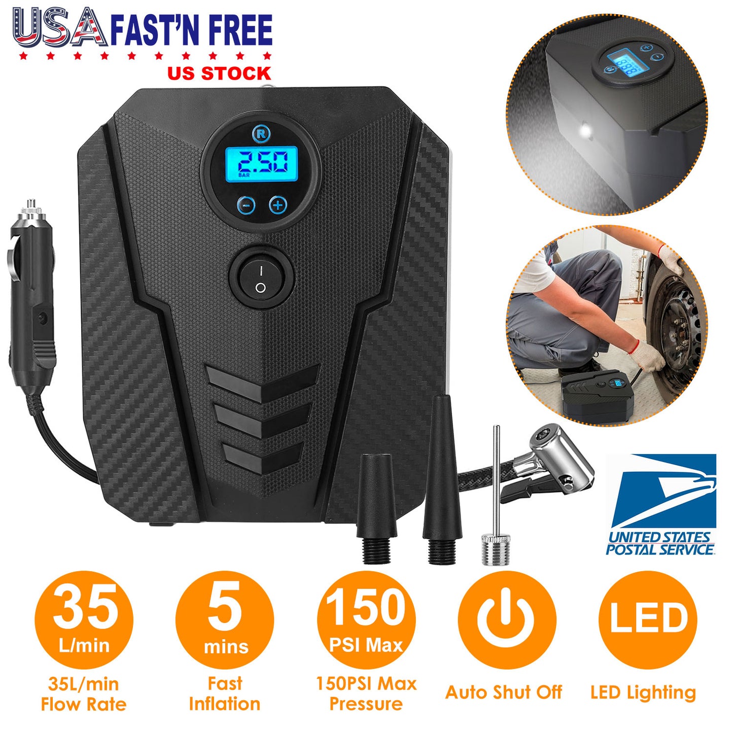 LJGelectro - Portable Car Tire Inflator DC 12V Digital Car Air Pump Compressor Electric Air Pump w/LED Light 150PSI