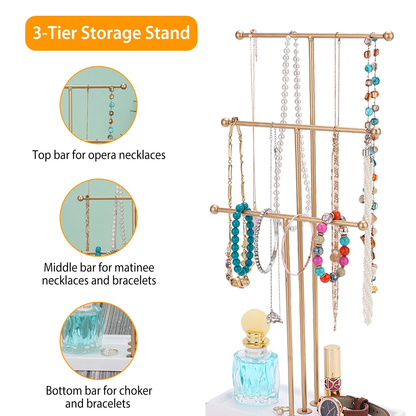 LJGelectro - 3 Tier Gold Metal Tabletop Jewelry Display Tree Stand Organizer Holder Rack Hanger Tower for Bracelet Necklace Accessories with Ring Tray