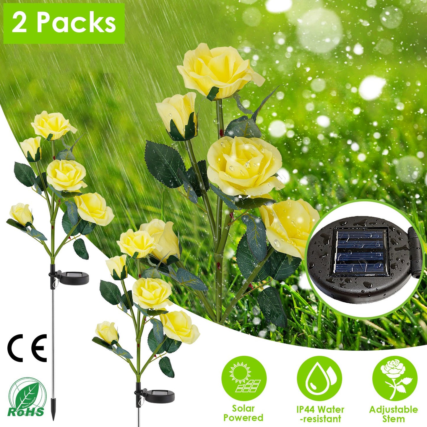 LJGelectro - 2Pcs Solar Powered Lights Outdoor Rose Flower LED Decorative Lamp Water Resistant Pathway Stake Lights For Garden Patio Yard Walkway