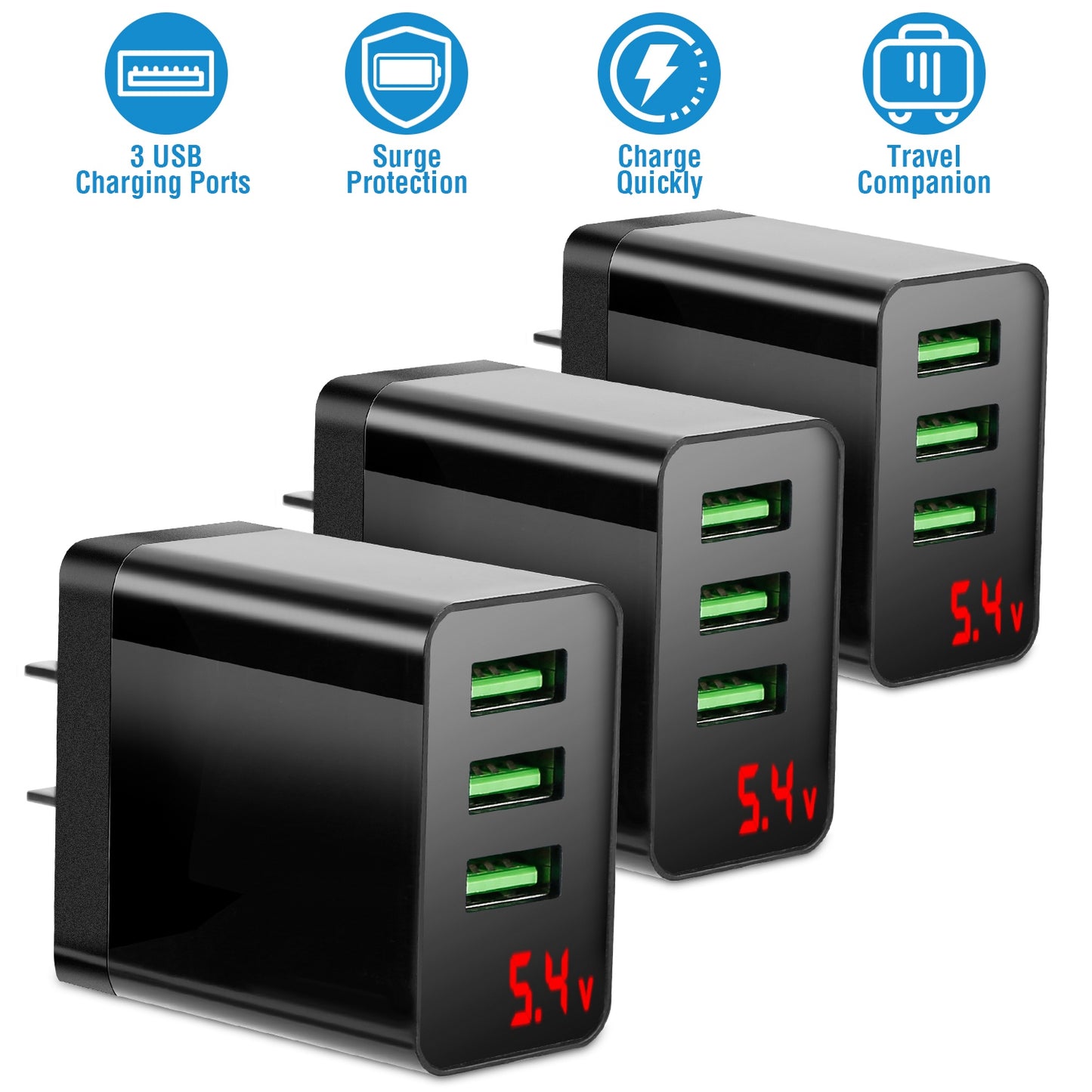 LJGelectro - 3 Packs 3-Port USB Wall Charger USB Hub Charger Wall Power Charging Plug Adapter Fit For Samsung Galaxy S9/S8 Note 8/9 iPhone Pad Tablet and More USB