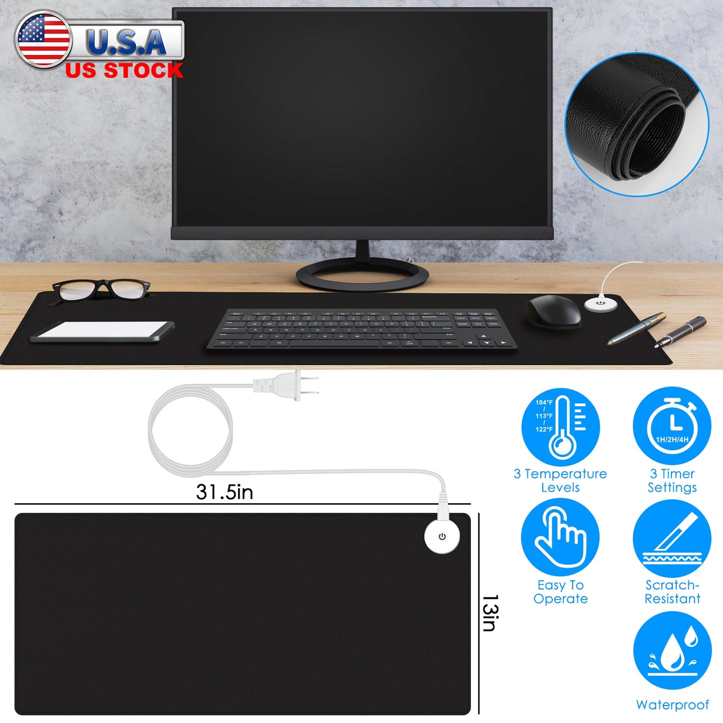 LJGelectro - Warm Desk Pad Waterproof Heated Mouse Pad for Office Heated Desk Mat with 3 Temperature Levels 3 Timer Settings 31.5x13in Black