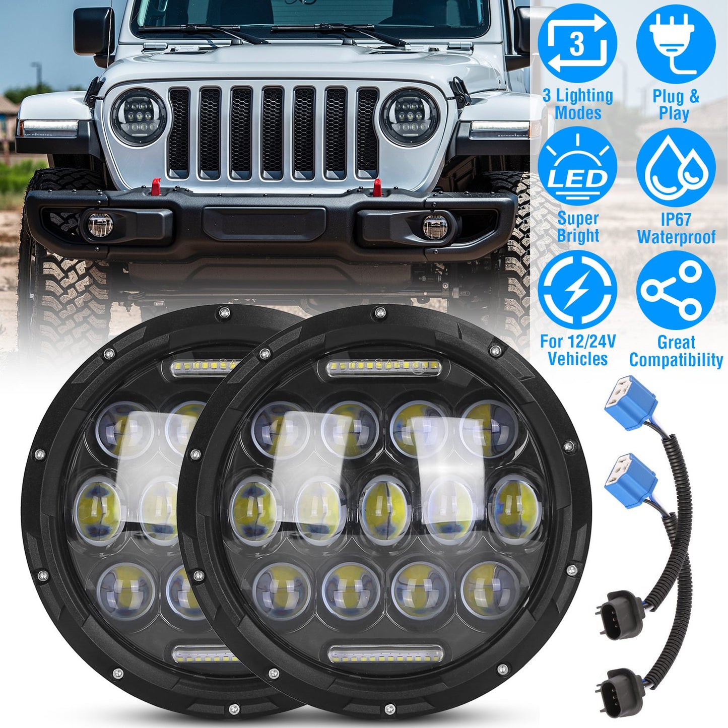 LJGelectro - 2Pcs 7In 75W Round LED Headlight 3800LM Halo Car Headlamp with DRL High Low Beam for Jeep Wrangler TJ JK CJ with H4 to H13 Adapters Plug and Play