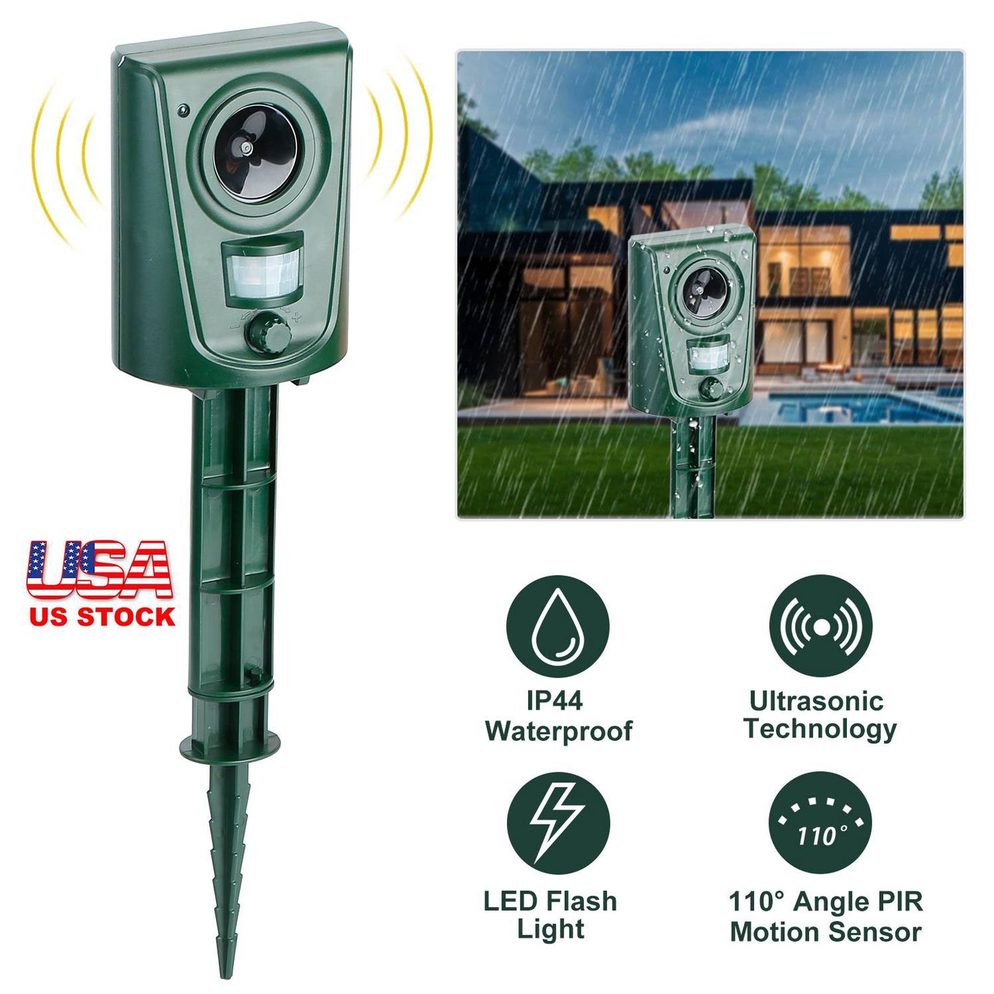 LJGelectro - Ultrasonic Animal Repeller IP44 Waterproof Motion Sensor Repellent Outdoor Animal Deterrent w/ Flashing LED Light For Farm Garden Yard Repelling Deer