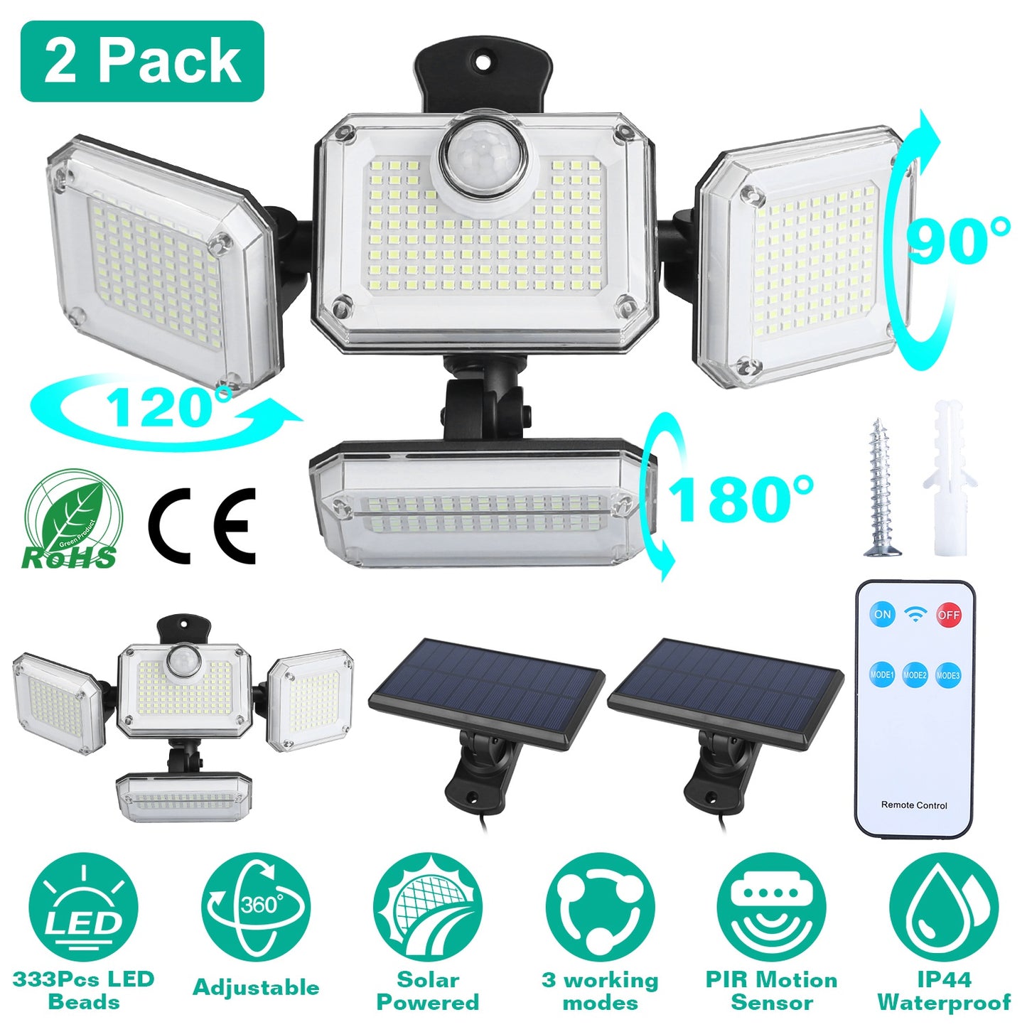 LJGelectro - 2 Pack Solar Powered Wall Lights IP44 Waterproof Motion Sensor Lamps with Separate Solar Panel 4 Adjustable Heads 333Pcs Beads 120° Sensing Angle Remo