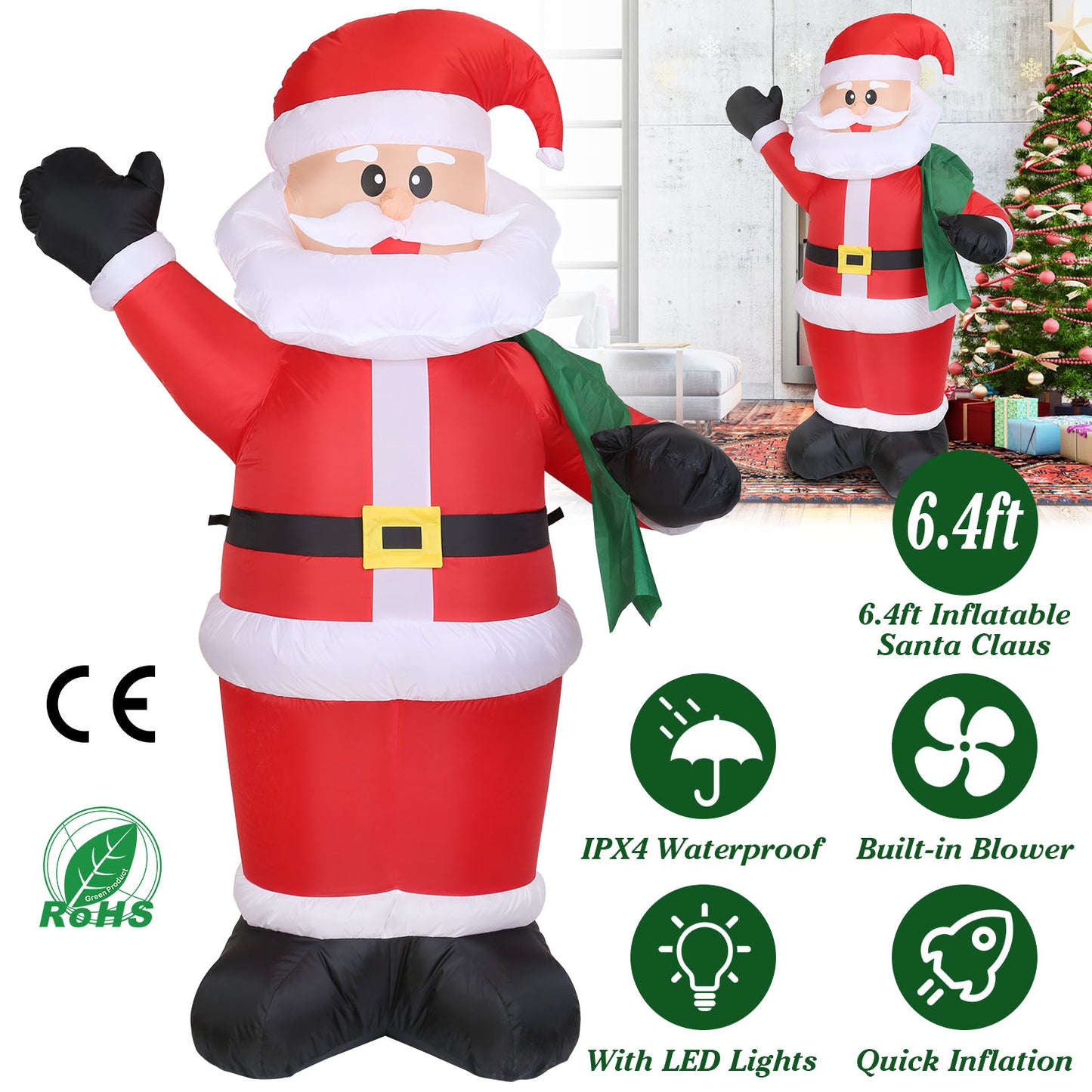 LJGelectro - 6.4ft Inflatable Christmas Giant Santa Claus Blow up Light up Santa Claus with LED Lights Gift Bag IPX4 Waterproof Christmas Outdoor Yard Lawn Holiday