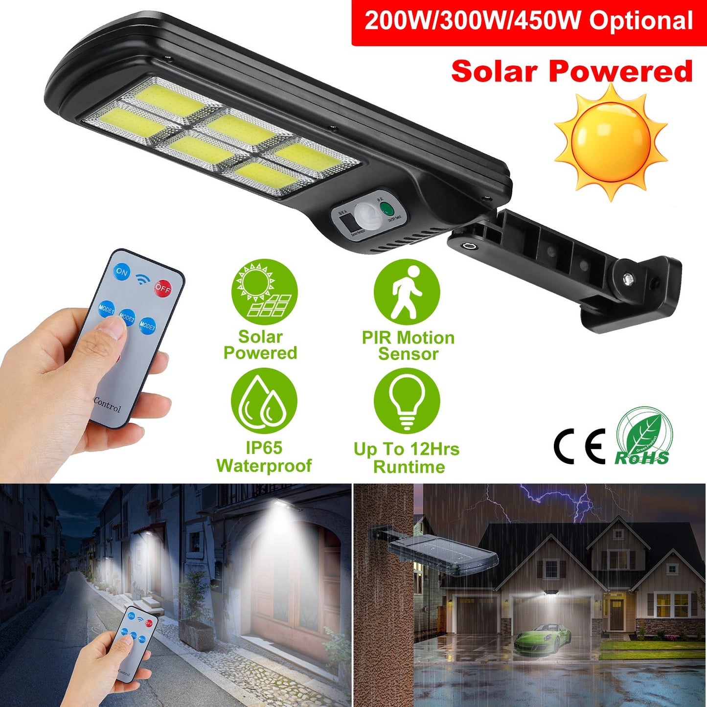 LJGelectro - Solar Powered Wall Lights Outdoor 128LED Beads Motion Sensor Lamp IP65 Waterproof 3 Modes Sensor Light W/ Remote Control For Street Front Door Deck