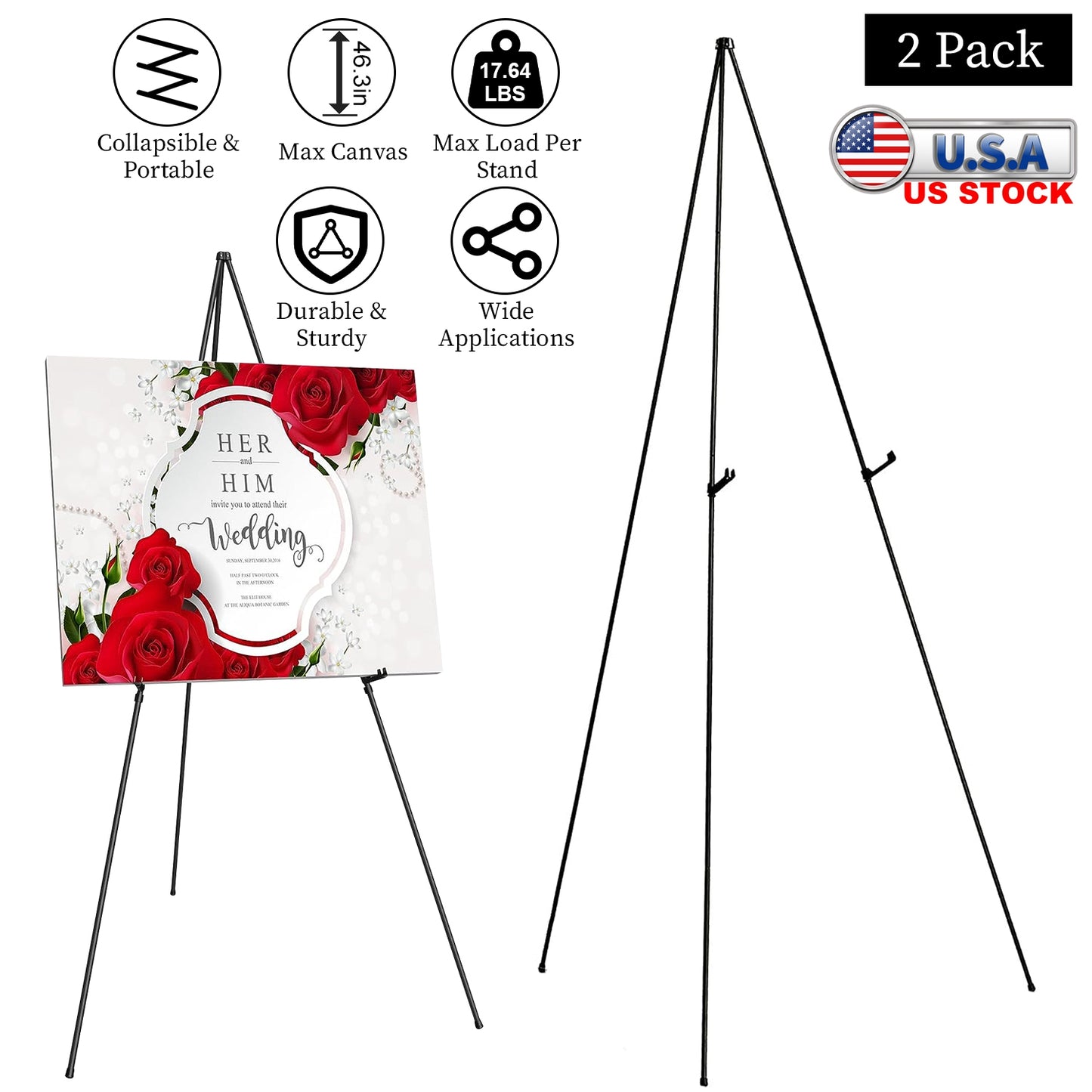 LJGelectro - 2 Pack Easel Stand for Display 61in Collapsible A Frame Tripod Easel Iron Alloy Drawing Stand with 2 Carry Bags for Wedding Poster Art Drawing Meeting