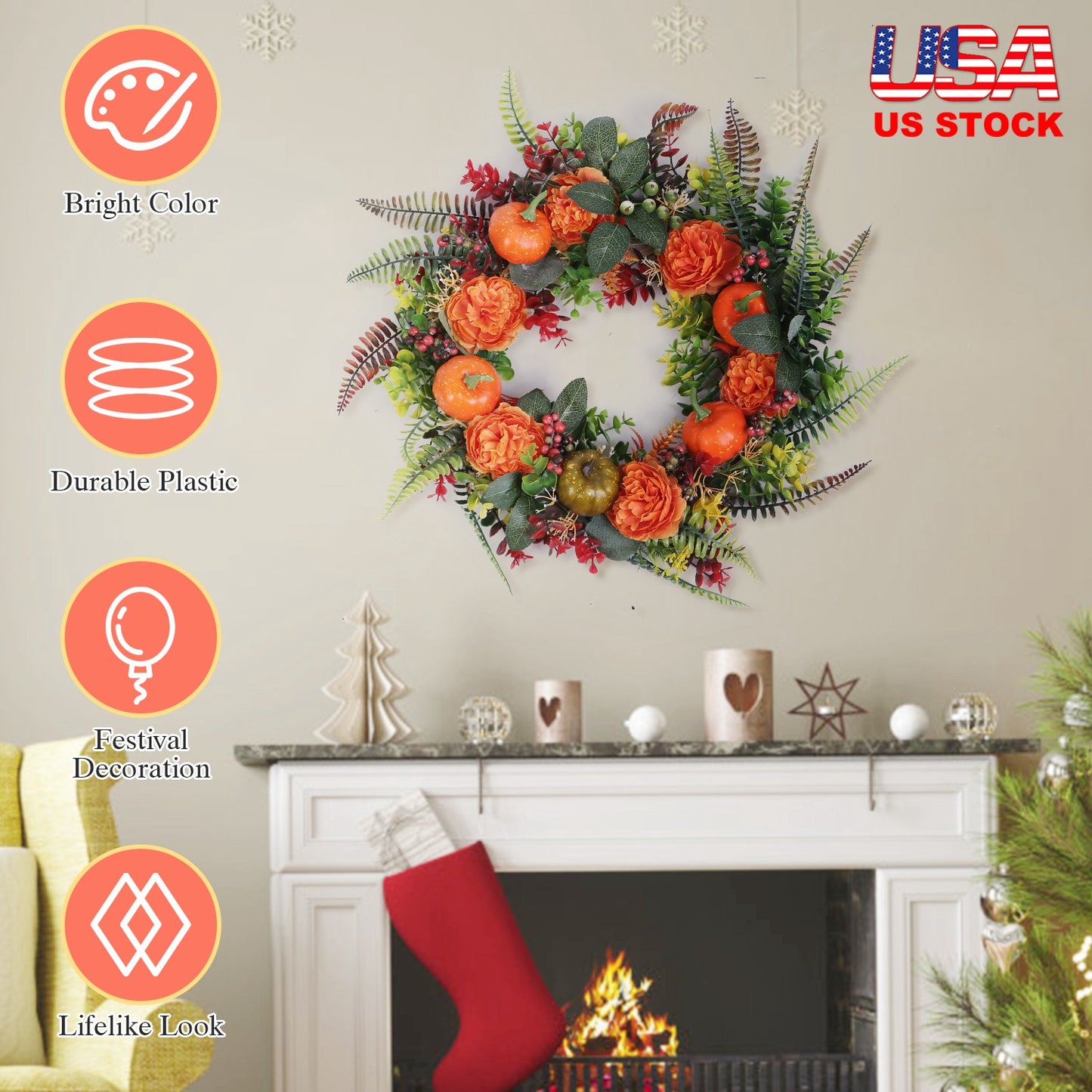 LJGelectro - 17.71IN Autumn Wreath with Pumpkin Mixed Leaves Berries Flowers Fall Decoration for Indoor Outdoor Window Wall Front Door in Halloween Thanks Giving D