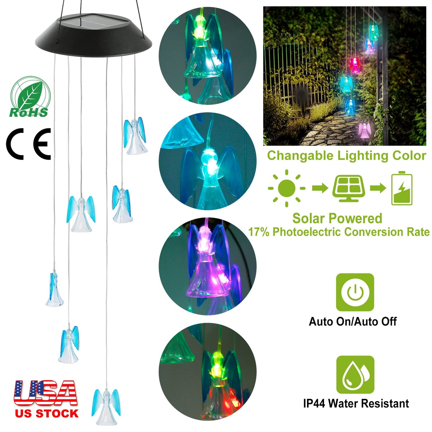 LJGelectro - Solar Powered Angel Lights Wind Chimes LED Color Changing Hanging Wind Lamp Water Resistant Decorative Night Lamp For Lawn Yard Balcony Porch