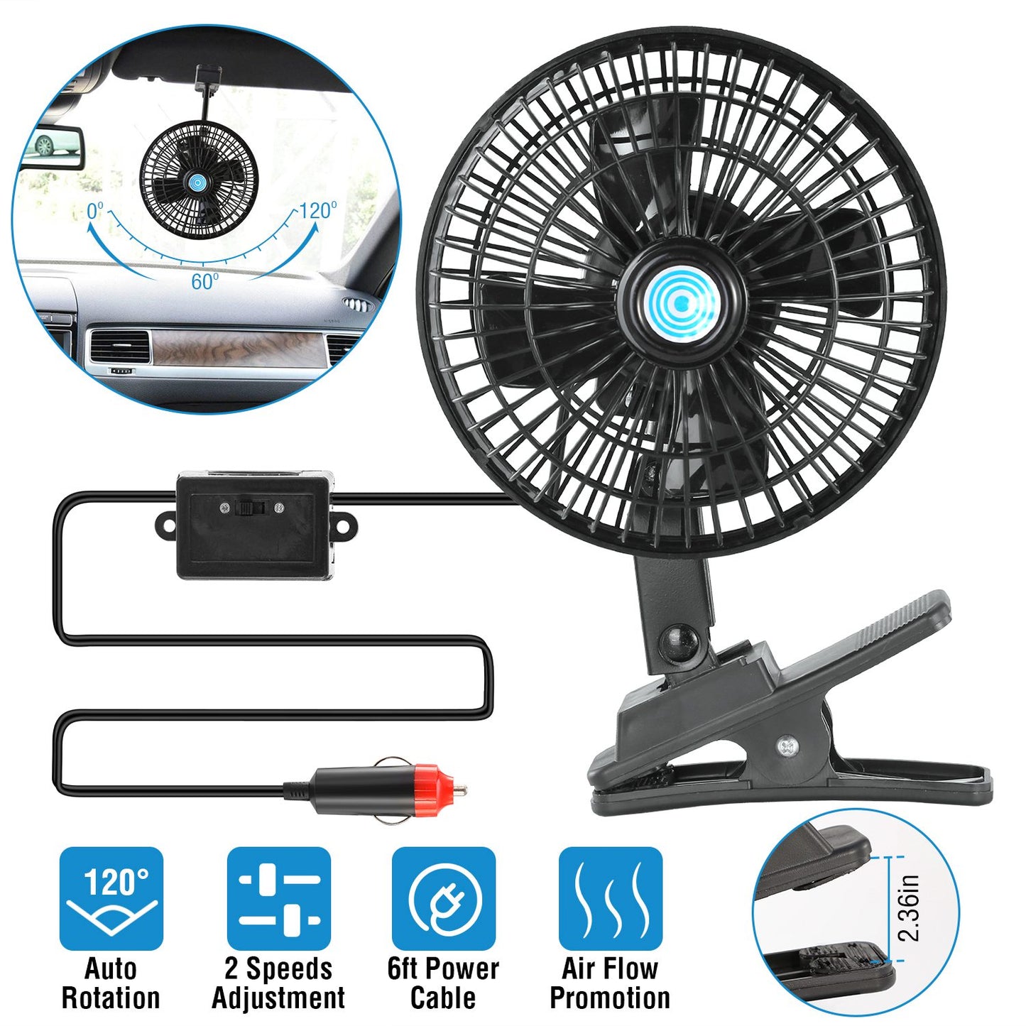 LJGelectro - 12V Car Fan Oscillating Clip On Cooling Fan w/ 2 Speeds 120°Rotation Personal Electric Fan for Car Truck Vans