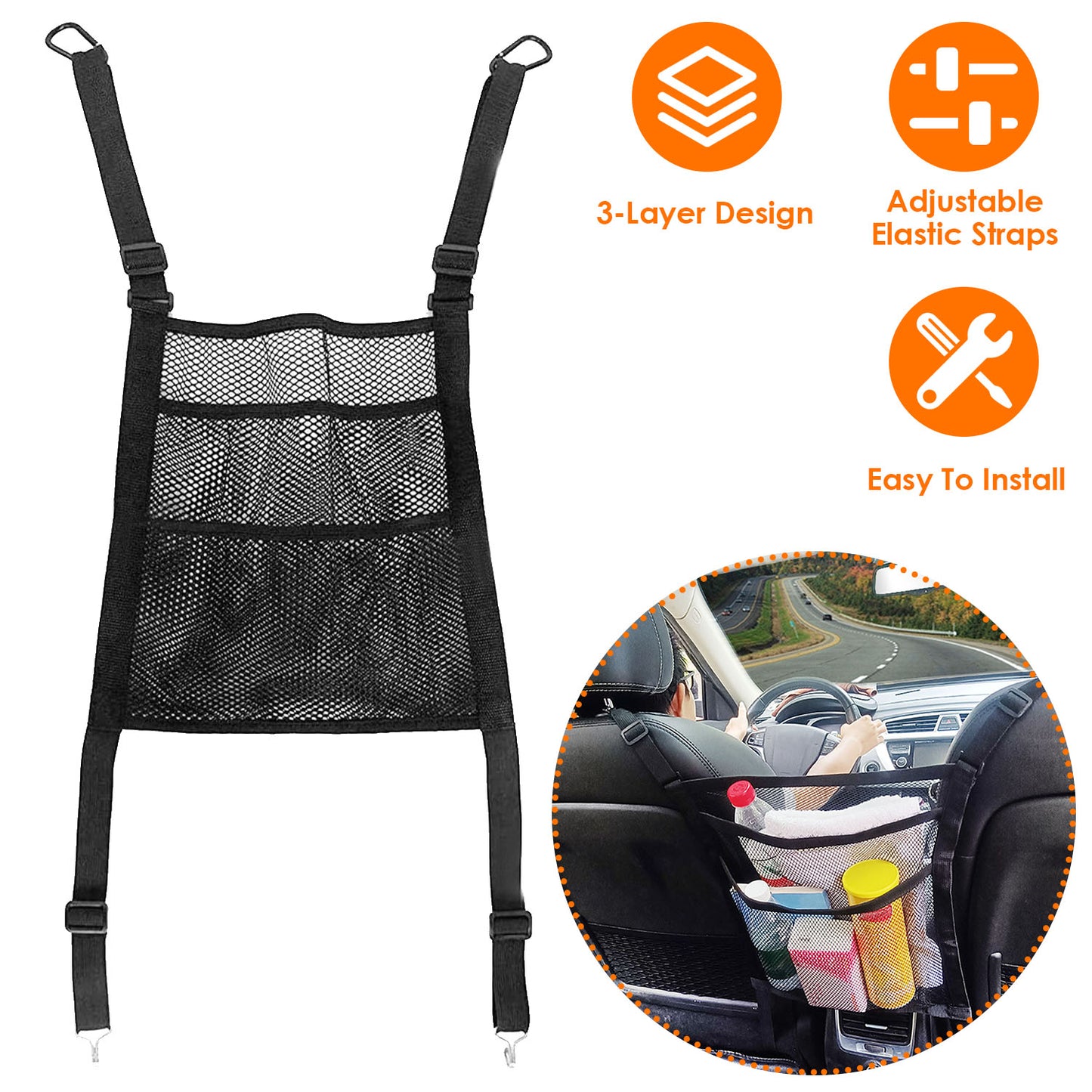 LJGelectro - Car Mesh Organizer 3 Layer Seat Back Net Pocket Bag Cargo Elastic Tissue Purse Holder Driver Storage Netting Pouch Barrier of Backseat for Kids Pets