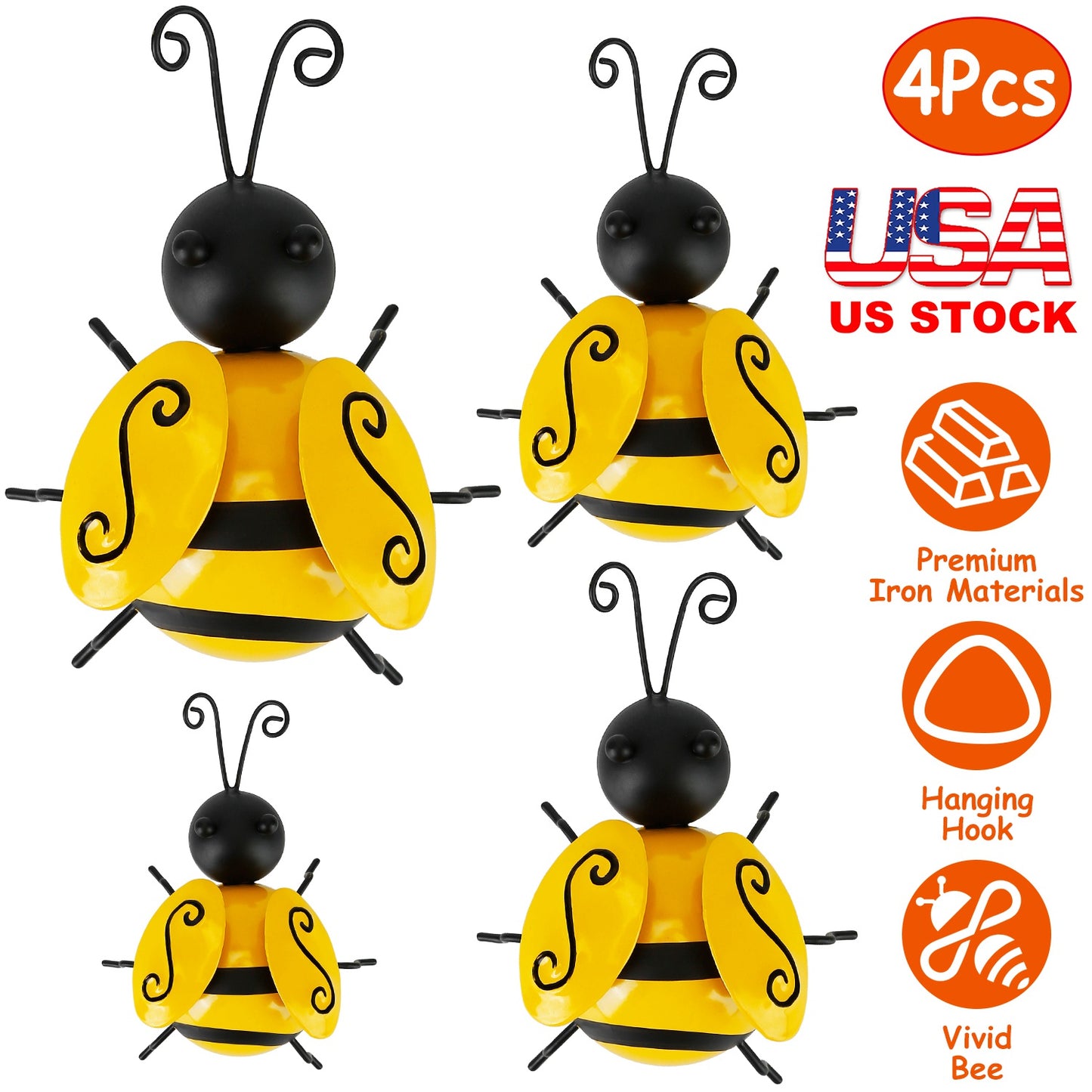 LJGelectro - 4Pcs Bumble Bee Set Ornament 3D Iron Hanging Bee Wall Decor Art Sculpture Statues Decorations For Fence Lawn Bar Living Room