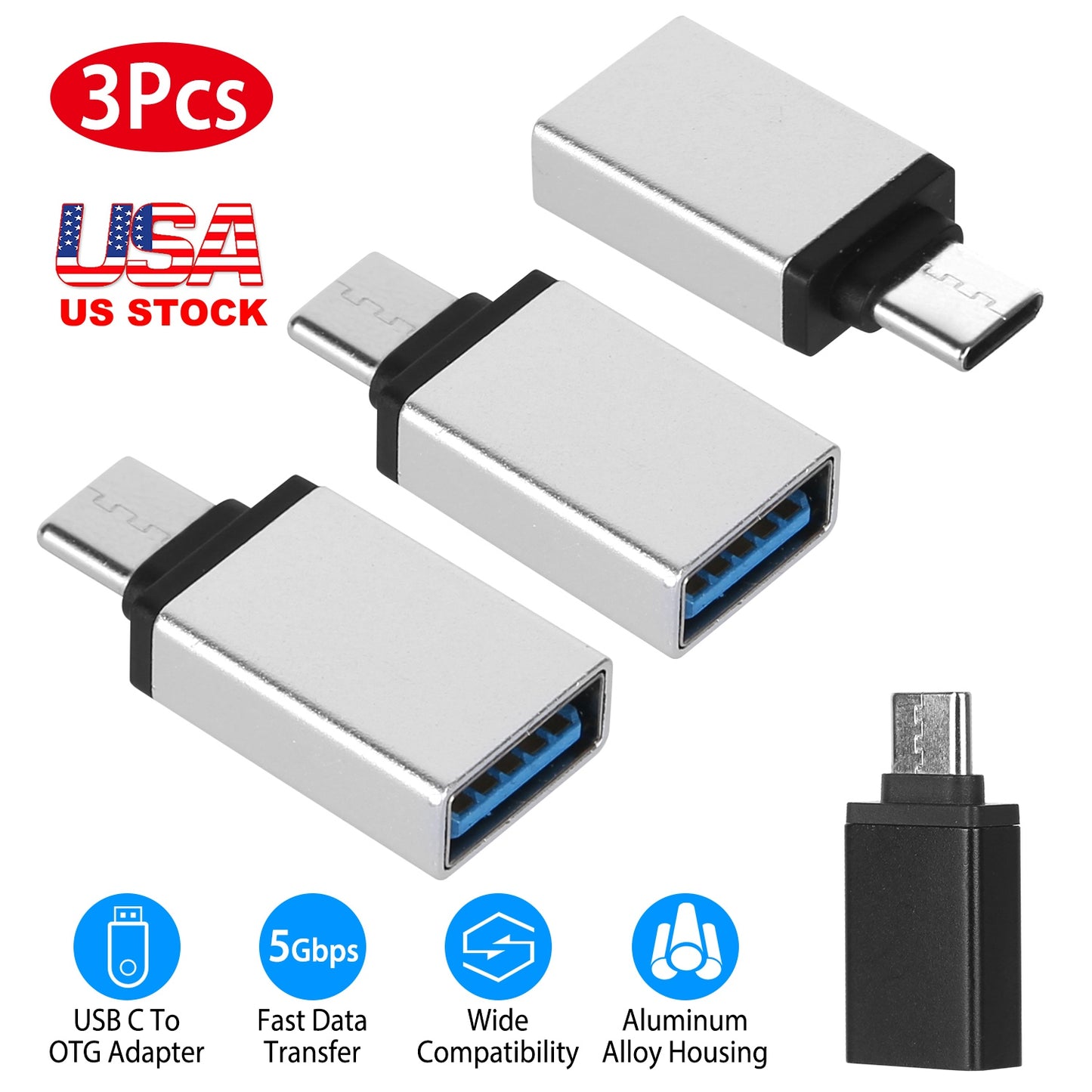 LJGelectro - 3 Packs USB C Type-C Male to USB A 3.0 OTG Male Port Converter Adapter Data Connector Android