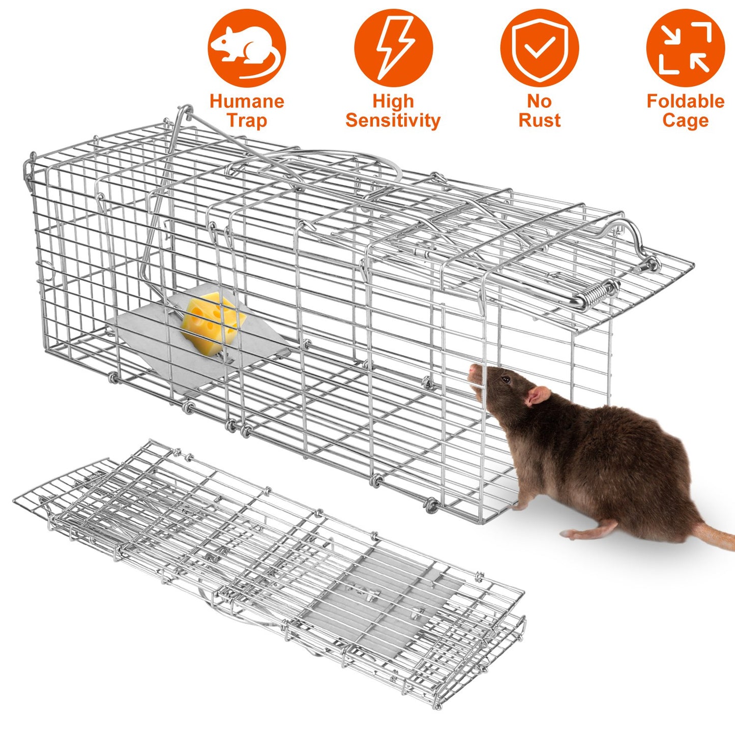 LJGelectro - Foldable Rat Trap Cage Humane Live Rodent Trap Cage Galvanized Iron Mice Mouse Control Bait Catch with Detachable L Shaped Rod