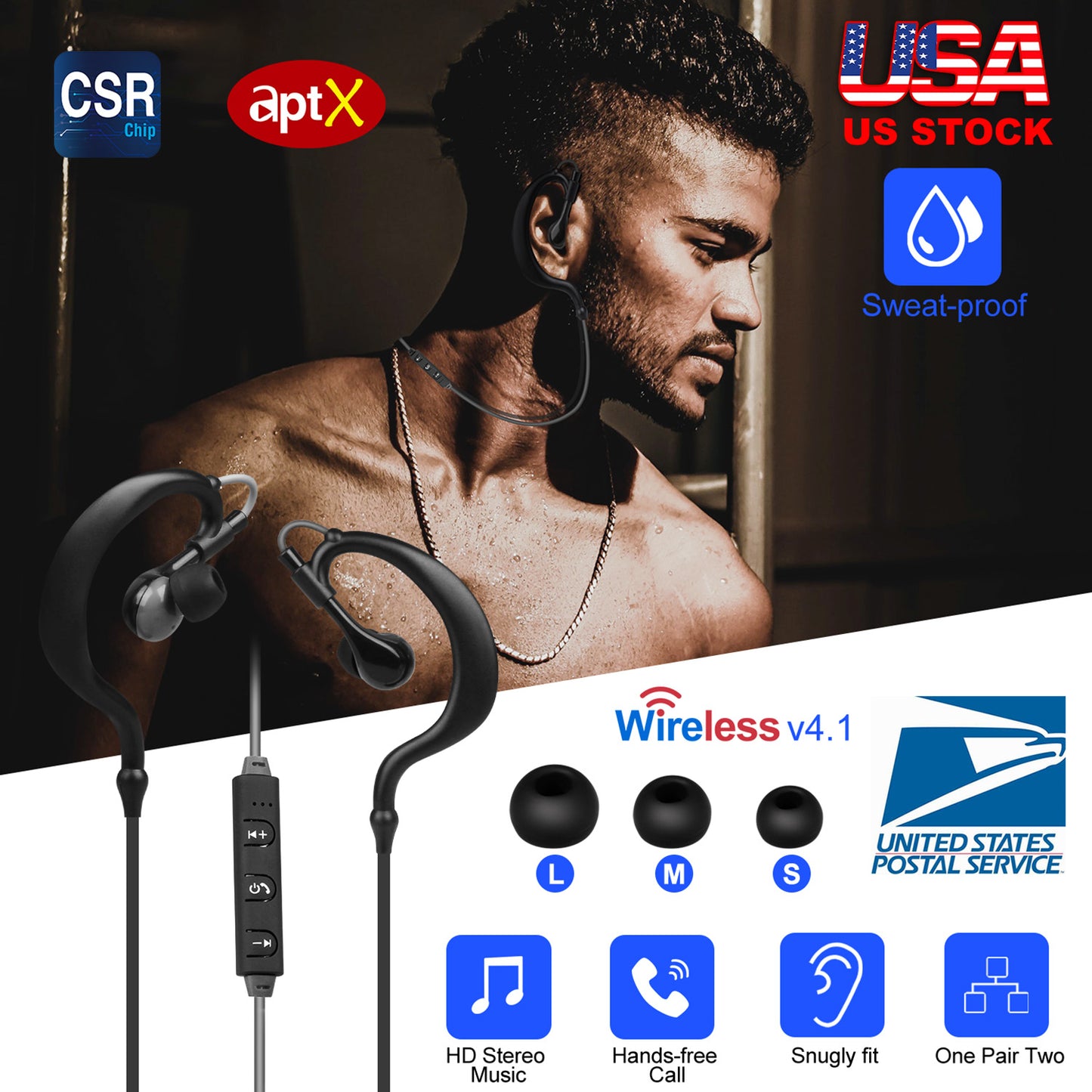 LJGelectro - Wireless Headsets V4.1 Sport In-Ear Stereo Headphones Sweat-proof Neckband Earbuds w/Mic Deep Bass HiFi Earphones for Running Hiking Travel