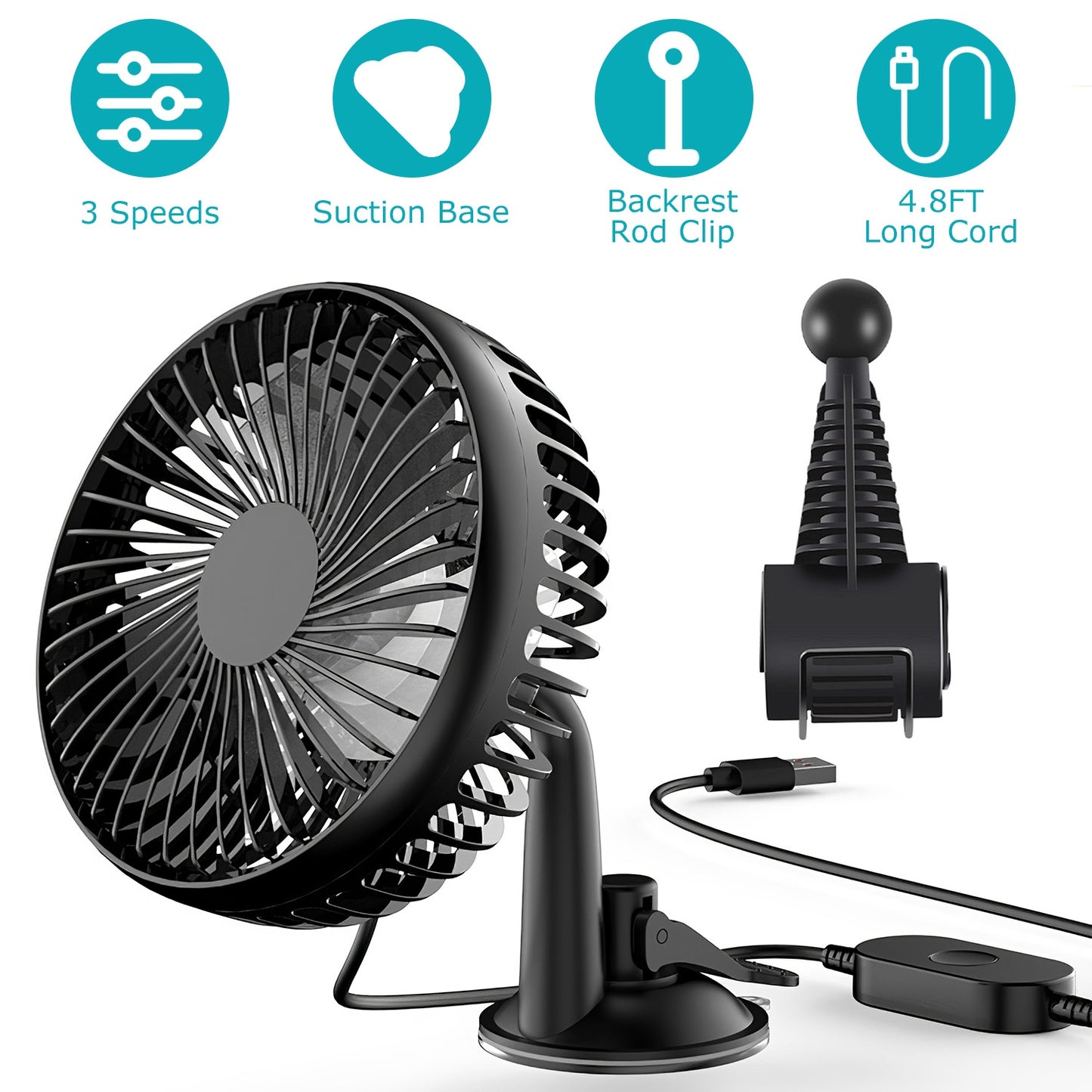 LJGelectro - Car Cooling Fan Portable Rotatable USB Vehicle Fan Backseat Clip Fan Dashboard Window Suction Fan for SUV RV Pickup with 3 Speeds