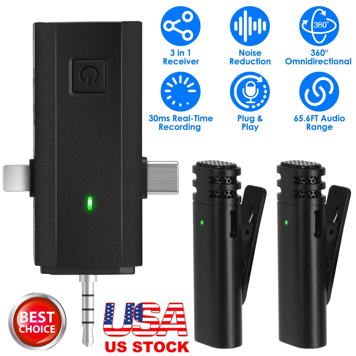 LJGelectro - 2 Pack 3 in 1 Wireless Clip On Microphone Omnidirectional Mic Noise Reduction Plug and Play 65.6FT Transmission Type-C IOS PC Video Record Interview V