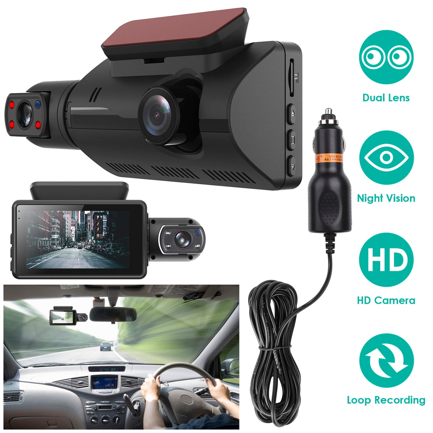 LJGelectro - Dual Lens Car DVR Dash Cam Video Recorder 720P Front Inside Camera Loop Recording Night Vision Driving Vehicle Recorder