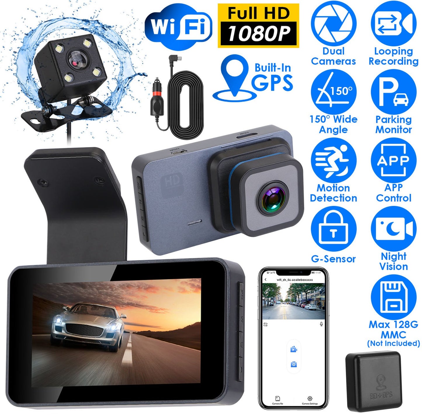 LJGelectro - 1080P Dual Lens Dash Cam Vehicle Driving Recorder Car DVR with WiFi GPS G-Sensor APP Control Motion Detection Parking Monitor Night Vision