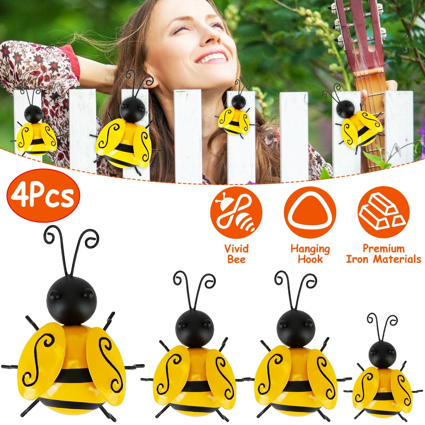 LJGelectro - 4Pcs Bumble Bee Set Ornament 3D Iron Hanging Bee Wall Decor Art Sculpture Statues Decorations For Fence Lawn Bar Living Room