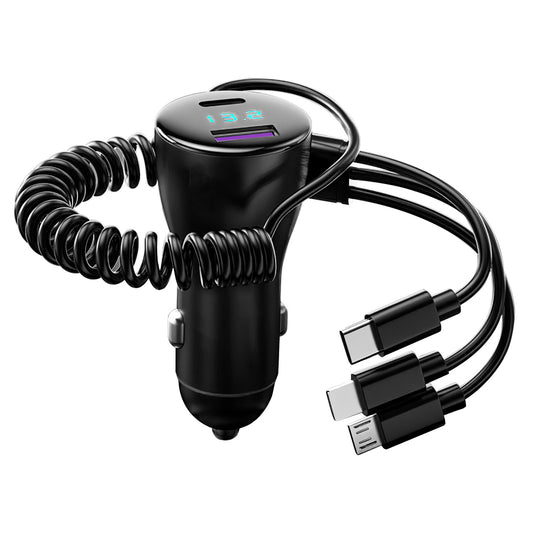 LJGelectro - 125W 5 In 1 Fast Charge Car Charger QC PD USB Type C LT 5 Port Car Cigarette Lighter with 4FT Coiled Cable Voltage Monitor Fit For IOS Phone IPad Sams