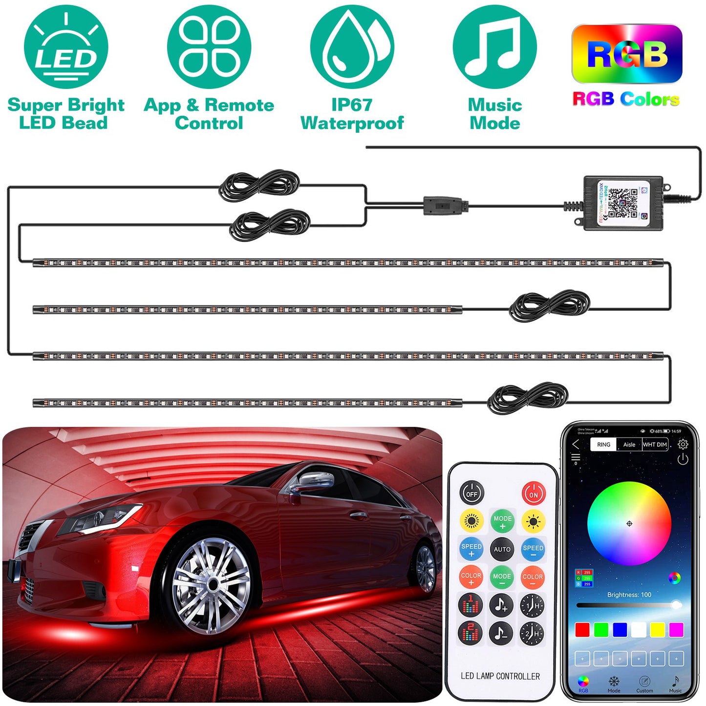 LJGelectro - Waterproof RGB Underglow LED Strip Remote App Control Car Underbody Light Music Control Exterior Underbody Lights DC 12V