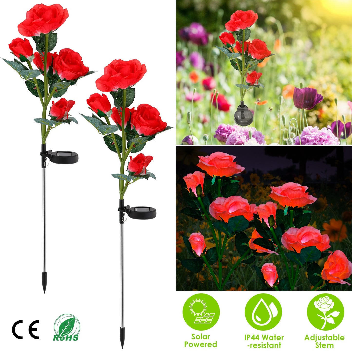 LJGelectro - 2Pcs Solar Powered Lights Outdoor Rose Flower LED Decorative Lamp Water Resistant Pathway Stake Lights For Garden Patio Yard Walkway