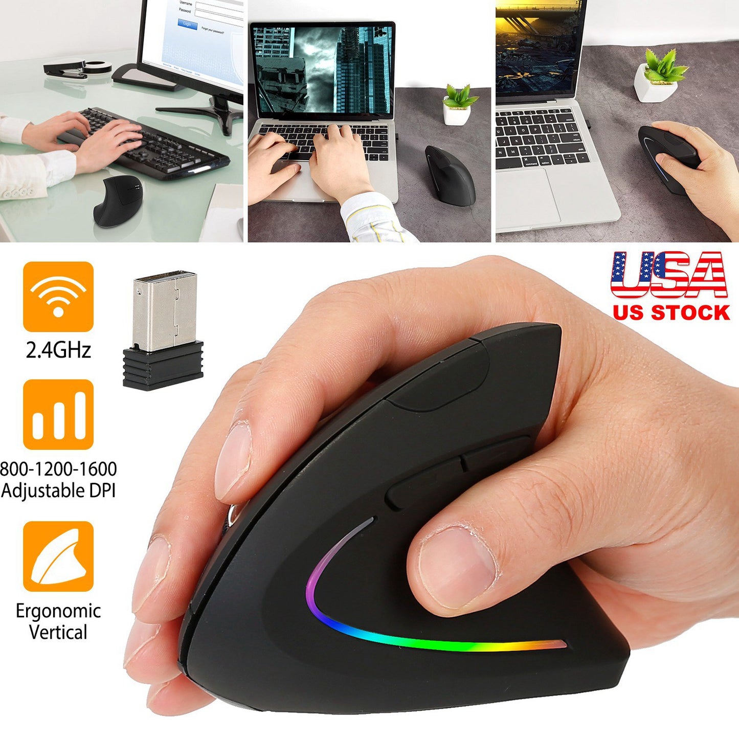 LJGelectro - 2.4G Wireless Vertical Mouse Ergonomic Optical Mice w/ 6 Buttons 3 Adjustable DPI 800/1200/1600 Levels for Laptop PC Computer