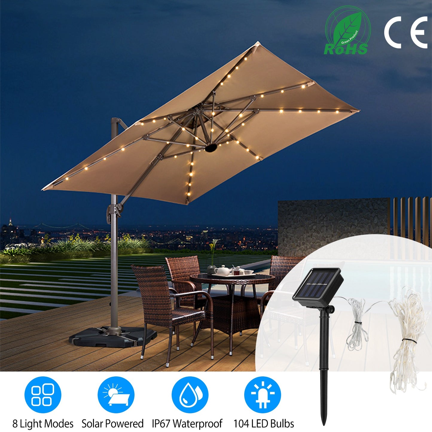 LJGelectro - Solar Umbrella Lights Outdoor Parasol String Light 8 Lighting Mode Waterproof 104 LED 8 Bundles Warm White for Patio Garden Outdoor