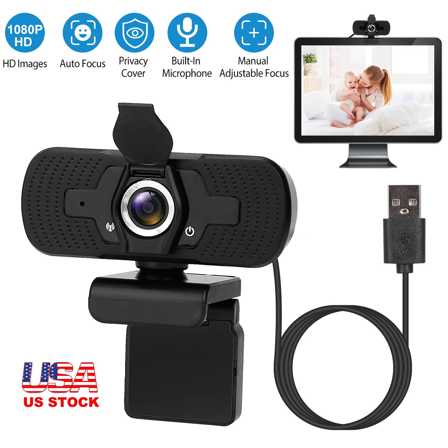 LJGelectro - FHD 1080P USB Webcam w/ Microphone Privacy Cover Rotatable Clip Streaming USB Camera Plug And Play For PC Video Conferencing Gaming Facetime Broadcast