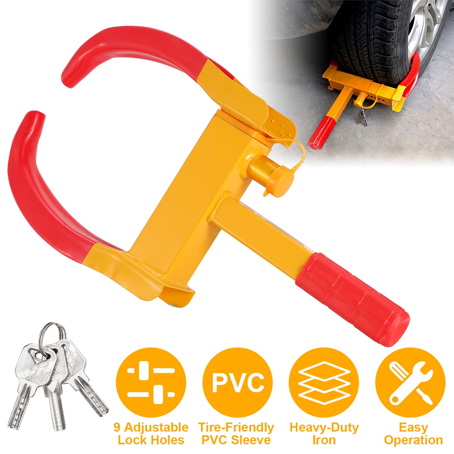 LJGelectro - Heavy Duty Wheel Clamp Anti-Theft Adjustable Tire Lock w/3 Keys for Cars Trailer Truck Motorcycles ATV RV Golf Carts