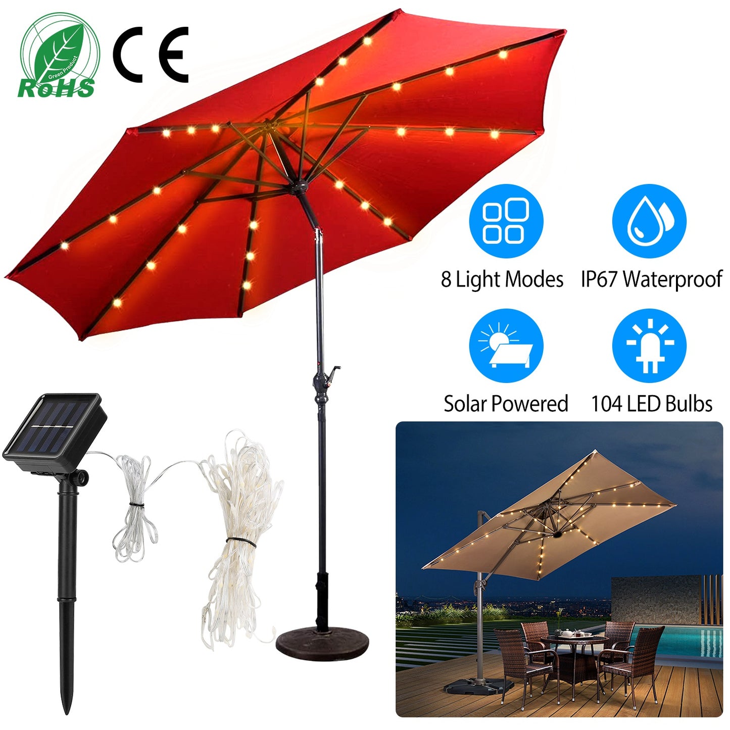 LJGelectro - Solar Umbrella Lights Outdoor Parasol String Light 8 Lighting Mode Waterproof 104 LED 8 Bundles Warm White for Patio Garden Outdoor