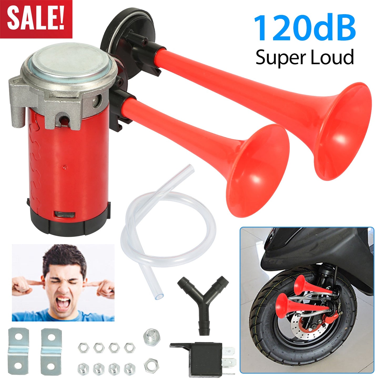 LJGelectro - Air Horn Dual Trumpet 12V 115DB Loud Boat Motorcycle Truck Air Horn Compressor Kit